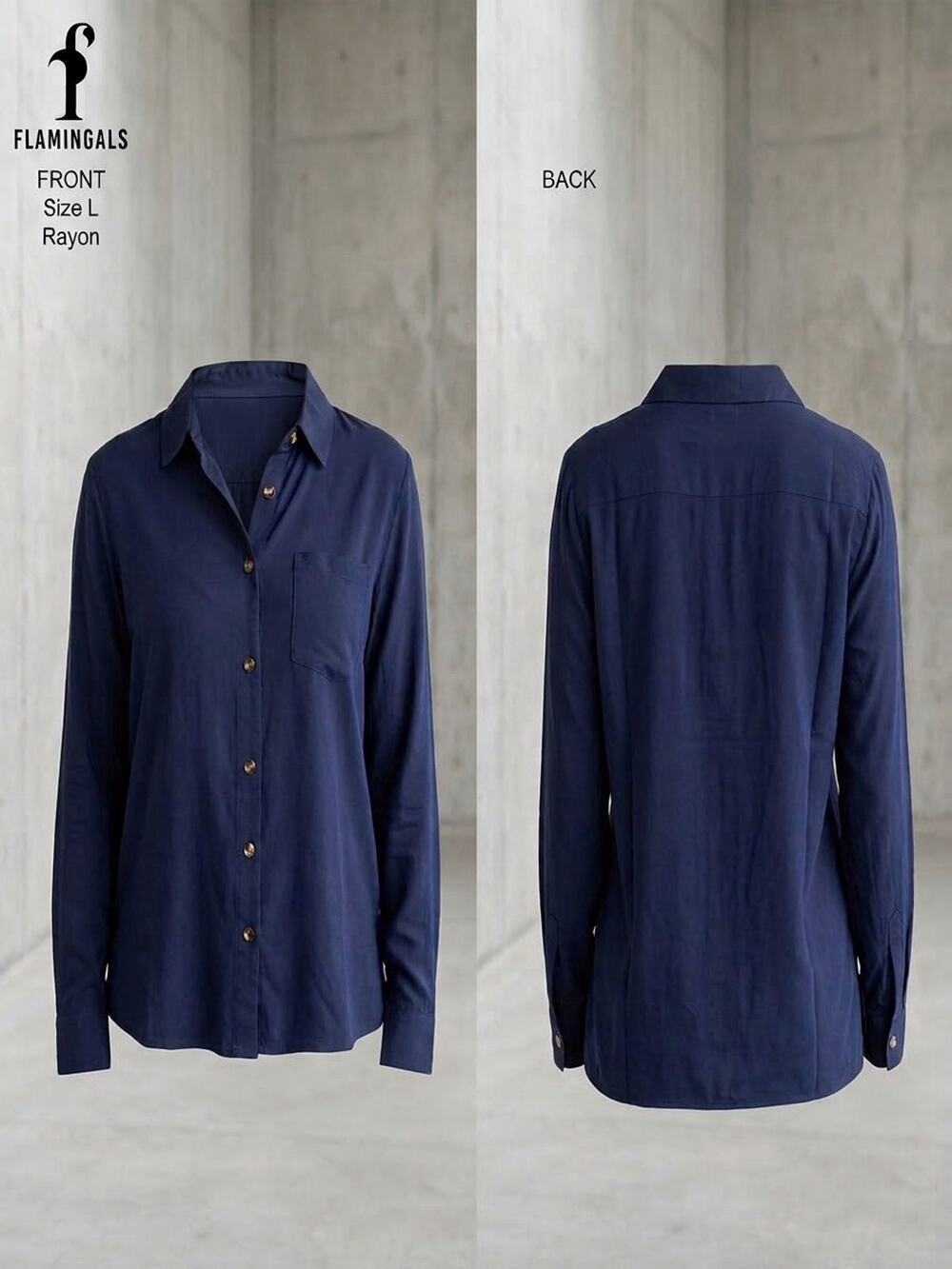 FLAMINGALS Womens Navy Blue Button Down Shirt Size Large 100% Rayon Blouse NWT